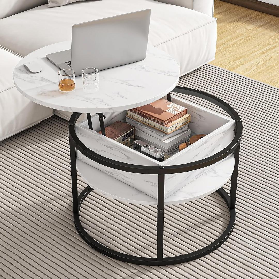 HOJINLINERO Round Coffee Table with Storage, Lift Top Coffee Table with Hidden Compartment, Farmhouse Juxing Design for Living Room, 2-Tier Small Round Dining Center, White, round, 70cm diameter