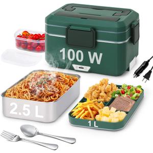 Electric Lunch Box For Adults, 100W 3.5L 2-Layer Portable Food Warmer For Men, Dual Mode 2.5L + 1L Large Heated Lunch Box For Car/Truck/Work, Lonchera Elctrica Porttil Para Calentar Almuerzo (Military Green)