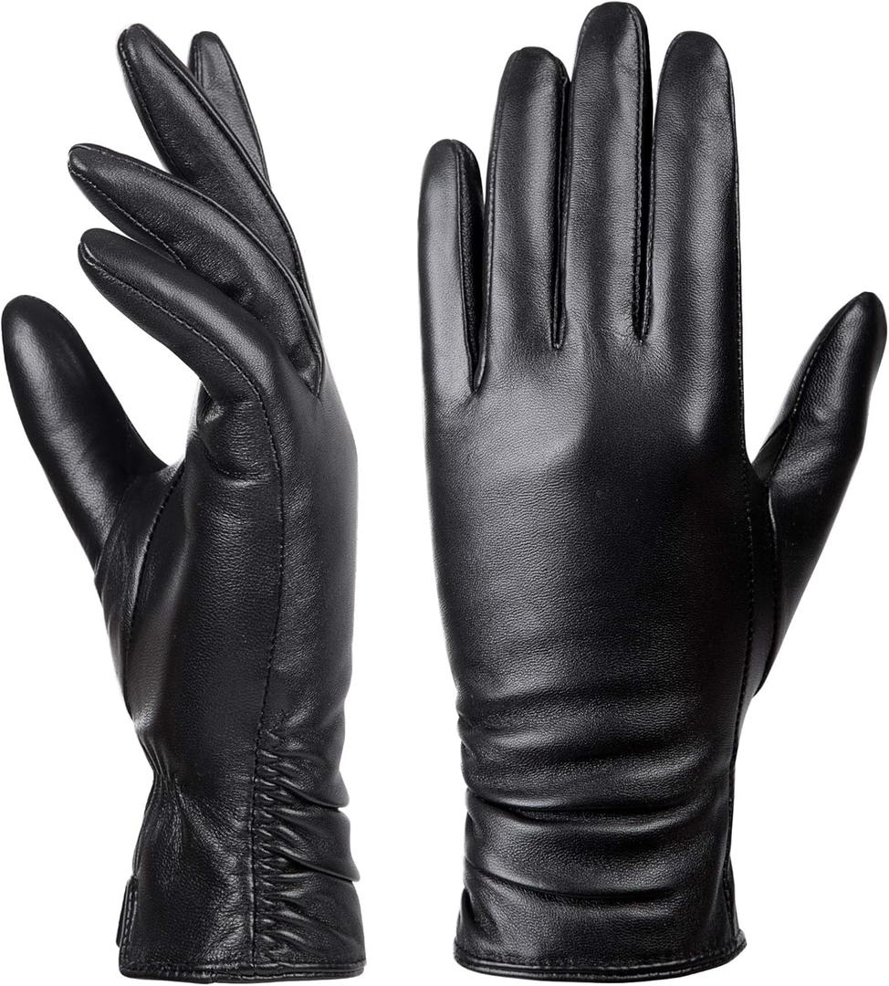 Womens Winter Leather Touchscreen Texting Warm Driving Lambskin Pure Genuine leather Gloves (Large, Black)