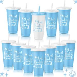 Domensi 12 Pcs Last Toast on The Coast Bachelorette Party 24 oz Plastic Cups with Lids and Straws Blue Coastal Bachelorette Cold Beverage Drinking Cup for Beach Wedding Bridal Shower