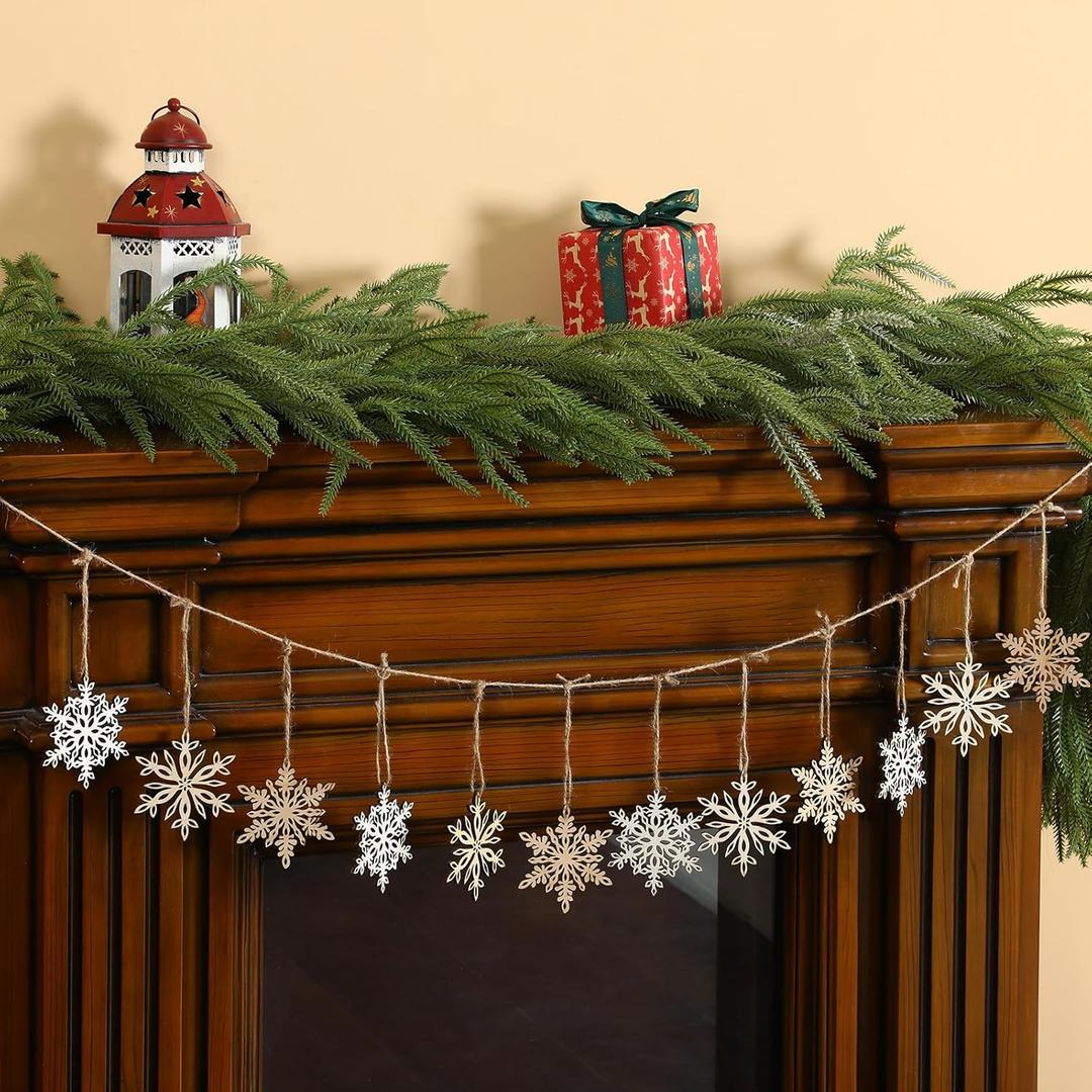 2 Pcs 6.5ft Christmas Snowflake Garland Banner, Rustic Winter Wooden Snow Banner Hanging Ornament Party Decorations for Fireplace Mantle Xmas Tree Home Mantel Fireplace Window Decor