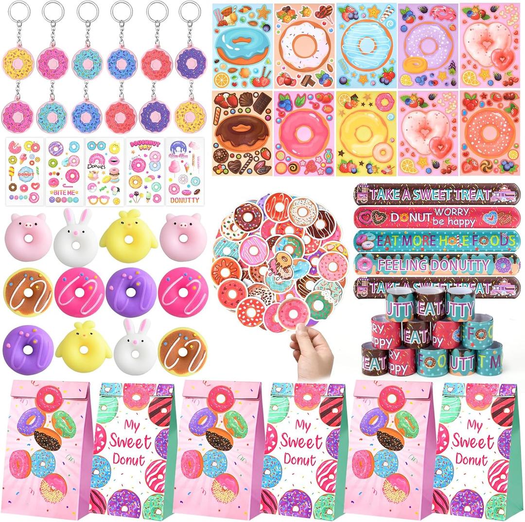 122 Pcs Donut Party Favors Two Sweet Birthday Party Supplies Girls Kids, Gift Bag Squishy Toy Diy Sticker Keychain Slap Bracelet Tattoo Sticker Donut Sticker, Sweet One Donut Party Supplies Decor