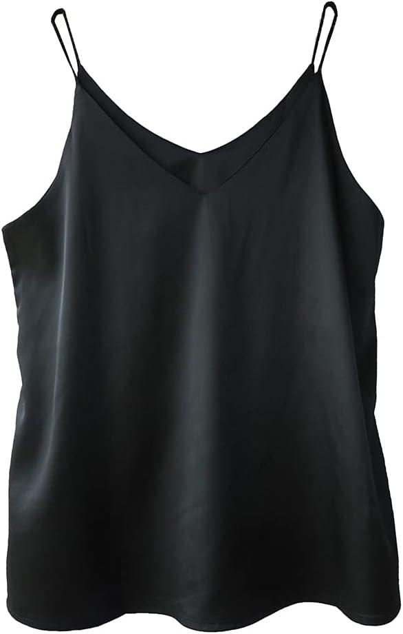 Wantschun Womens Silk Satin Camisole Cami Plain Strappy Vest Top T-Shirt Blouse Tank Shirt V-Neck Spaghetti Strap XS-4X (Black, XXXL)