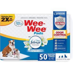 Four Paws Wee-Wee Odor Control with Febreze Freshness Pee Pads for Dogs & Puppies, Leak-Proof Dog Housebreaking Potty Training Floor Protection, Spring Fresh Scent, 22" x 23", 50 Count (White) Four Paws Wee-Wee Odor Control with Febreze Freshness Pee Pads for Dogs & Puppies, Leak-Proof Dog Housebreaking Potty Training Floor Protection, Spring Fresh Scent, 22" x 23", 50 Count (White)