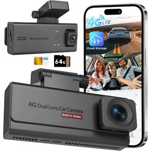 4G LTE Cellular Dash Camera for Cars, 4K Full HD Dual Dash Cam Front and Rear 170° Wide Angle, Anti Theft GPS Tracker, Night Vision, Real-time Alerts with 64GB Card, 24/7 Parking Mode