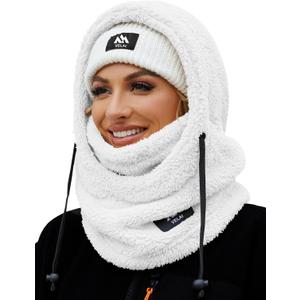 Balaclava Fleece Ski Mask for Men Women Winter Face Masks Windproof Hooded Scarf Cold Weather Hat Neck Warmer (White)