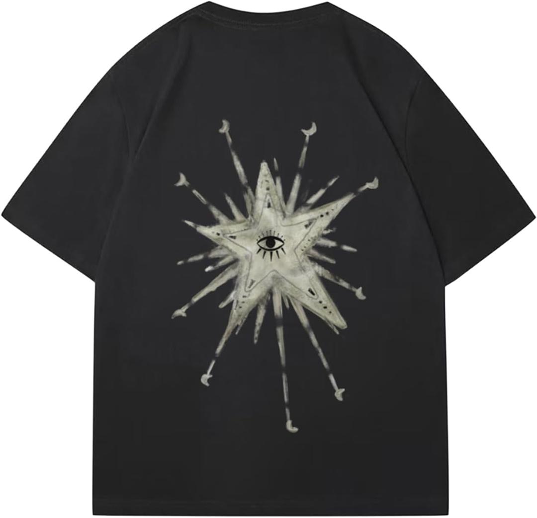 Women's Star Eye Graphic Y2K Shirts Short Sleeve Crew Neck Casual Tee Tops (X-Large, Black)