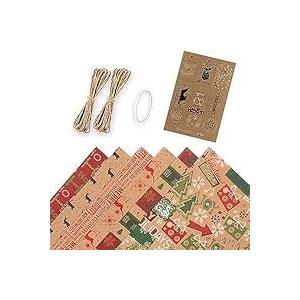 Pack of 2 Layninder Christmas Wrapping Paper, 8 Sheets Vintage Kraft Wrapping Paper w/Tags Stickers Rope, Xmas Paper w/Santa Reindeer Merry Christmas, Gift Paper for Holiday (27.6x19.7in, Folded)