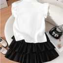 Girl's 2 Piece Preppy Summer Outfits Ruffle Bowknot Button Down Blouse and Layered Skirt Clothing Set, 10y