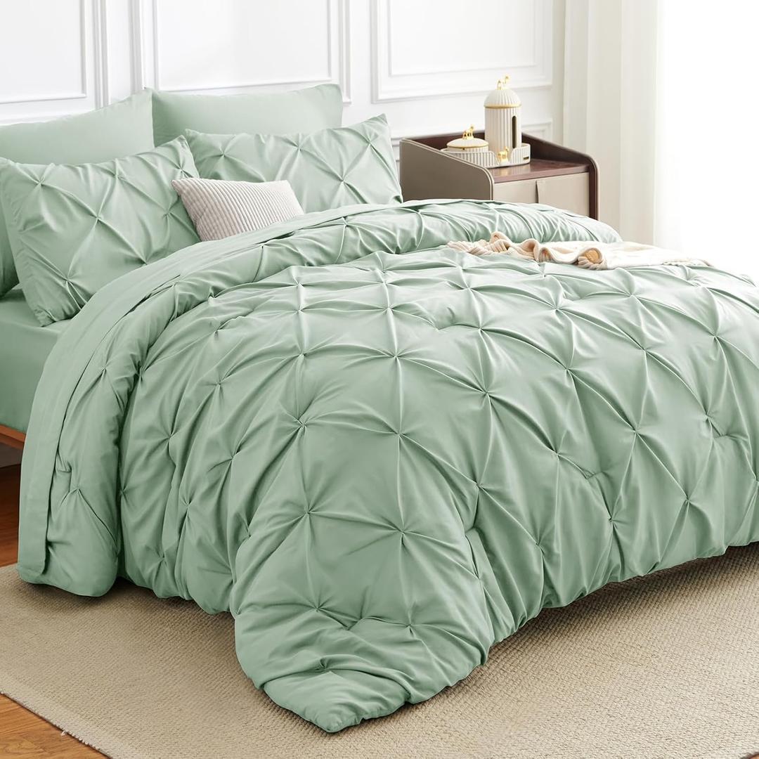 HIMEET- Sage Green Bedding Set (82"x86") 7 Pieces Light Green Comforter Full Pintuck Design Bed in a Bag Full Size Bed Set Pinch Pleated Sage Green Bedding Complete Set with Sheets, Pillowcases&Shams