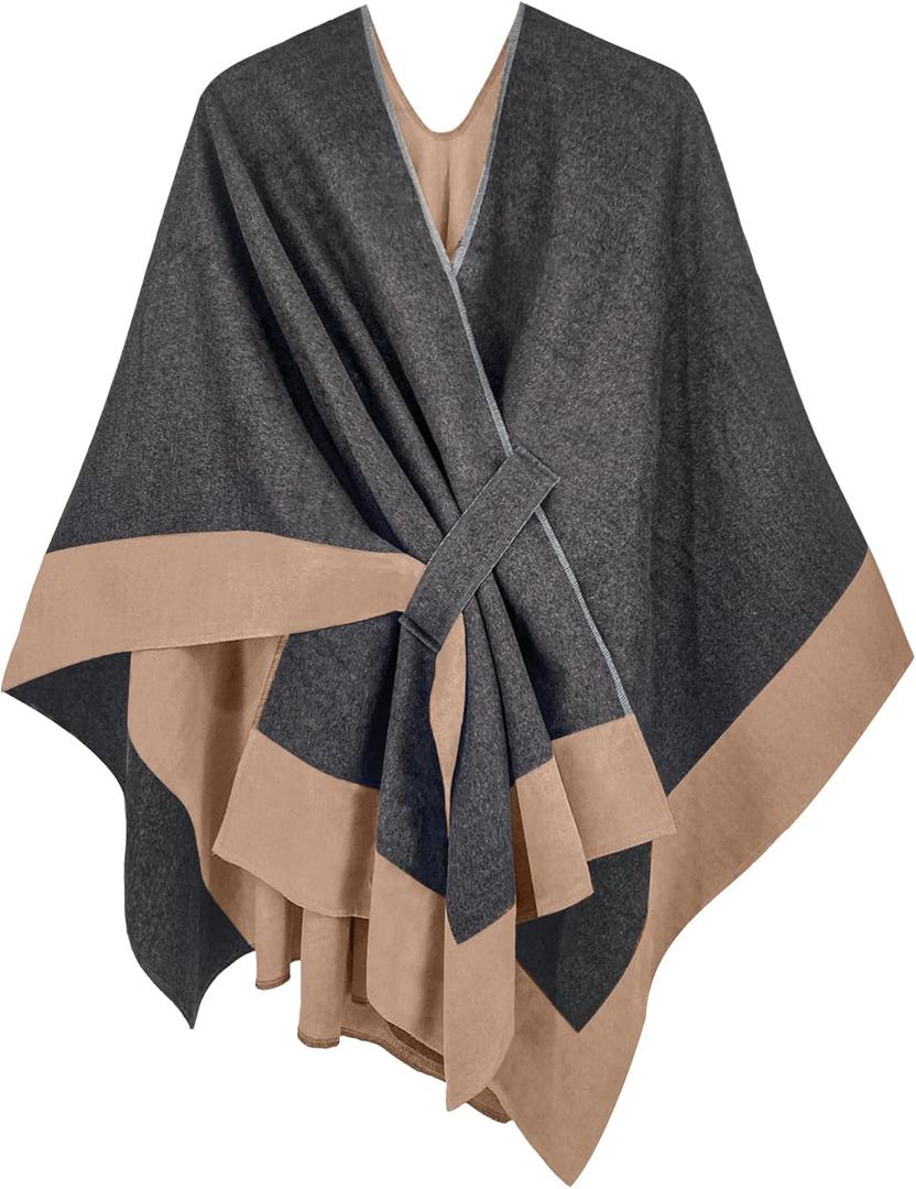 Moss Rose Women's Shawl Wrap Poncho Ruana Cape Open Front Cardigan Shawls for Spring Fall Winter (Grey+camel 2)