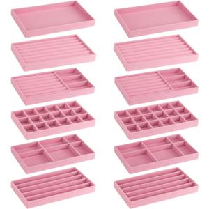 12Pcs Velvet Stackable Jewelry Trays, Jewelry Drawer Organizer, Large Removable Display Jewelry Tray, Necklace Bracelet Storage Box for Earring, Ring, Brooch, Watch (Pink)