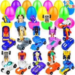 AMENON 12 Pack Easter Eggs with Transform Car Toys For Boys, Easter Basket Stuffers Transform Vehicle Robot For Kids Boys Easter Egg Hunts Classroom Prize Supplies Fillers Party Favors
