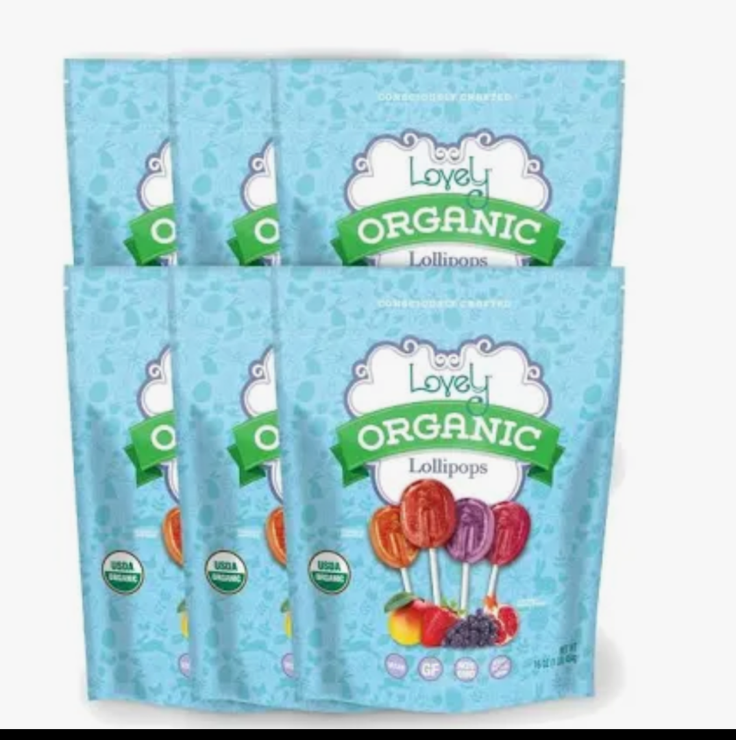 Lovely Candy Co. Organic Lollipops, 16oz Bag (6-Pack) | Vegan, Gluten-Free, Non-GMO, NO Artificial Colors or Flavors | Mango, Strawberry, Grape & Pomegranate Flavored Candy, Best By Feb 28, 2026