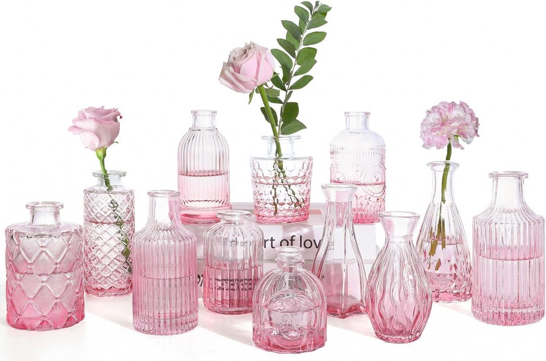 Valentine's Day Pink Glass Bud Vases Set of 12, Vintage Mini Vases for Centerpieces, Glass Bud Vase in Bulk for Wedding Decor, Single Flowers, Office and Home Table Flower Dcor