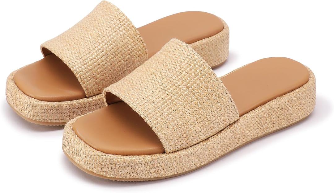 LUXMUWA Raffia Sandals Women Platform Wedge Slides Straw Espadrilles Mules Summer Shoes Cute Beach Sandals for Women 2025 Size 9