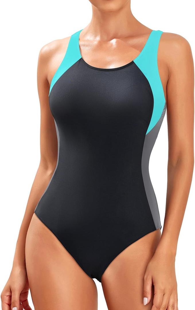 Tempt Me Women Athletic One Piece Swimsuits Sporty Racerback Bathing Suits Full Coverage Modest Swimwear (Large, Black Aqua Grey)