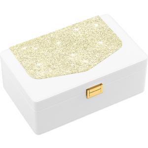DreamGenius Jewelry Box for Women with Elegant Glitter Design, 2-Layer Jewelry Organizers and Storage with Removable Tray for Necklaces and Earrings Holder, White