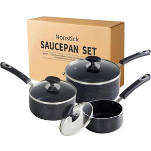 Nonstick Saucepan Set - 3-Pieces Pot Set 1 Quart & 2 Quart & 3 Quart,Ultra Non Stick Sauce Pan Small Pot with Glass Lid,Great for Home Kitchen Restaurant,Black