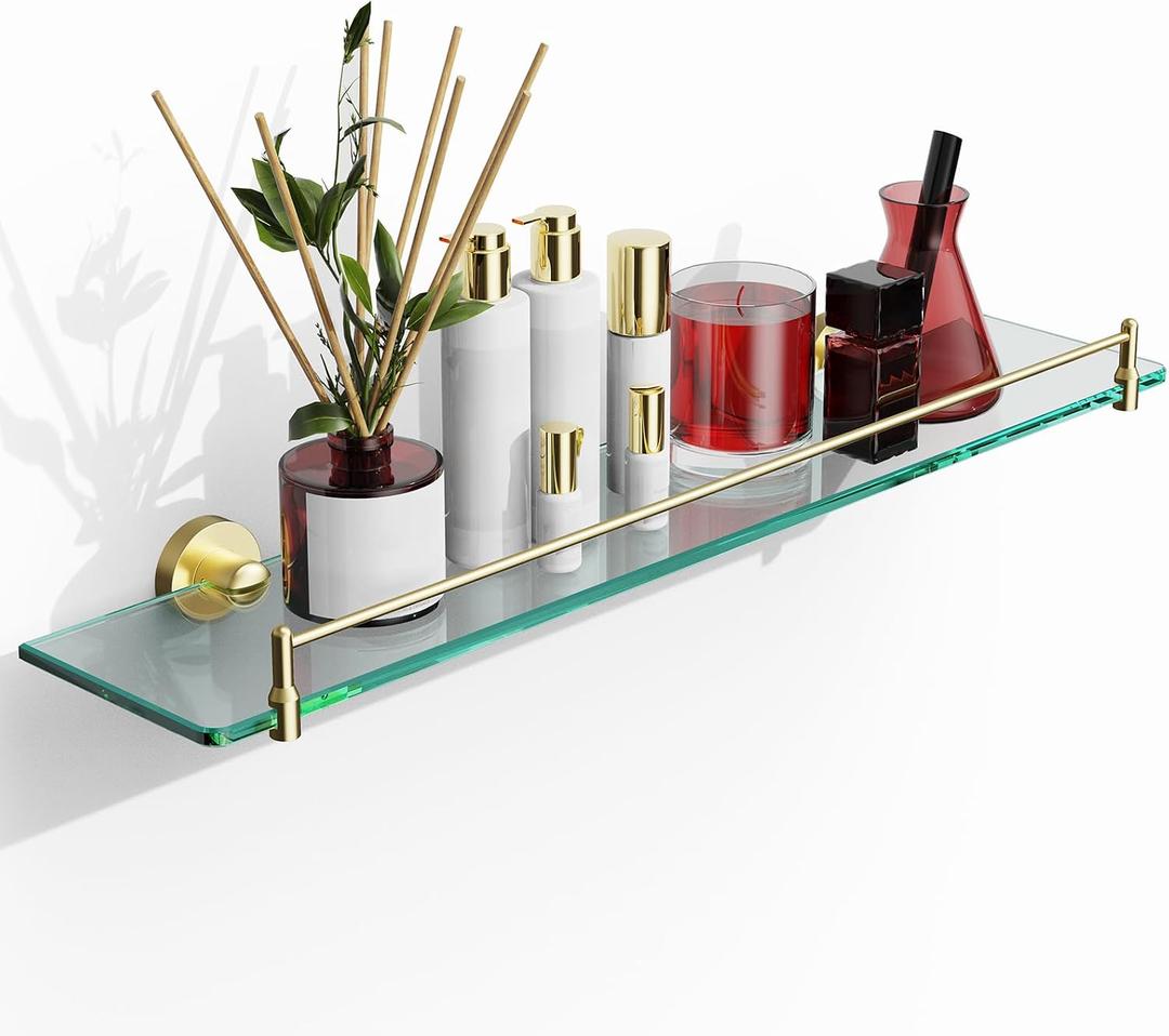 24 Inch Glass Bathroom Shelves,Brushed Gold Floating Shelves for Wall Rectangular Modern Stainless Steel Glass Shelf for Bathroom Shelves Wall Mounted, 24"with railing