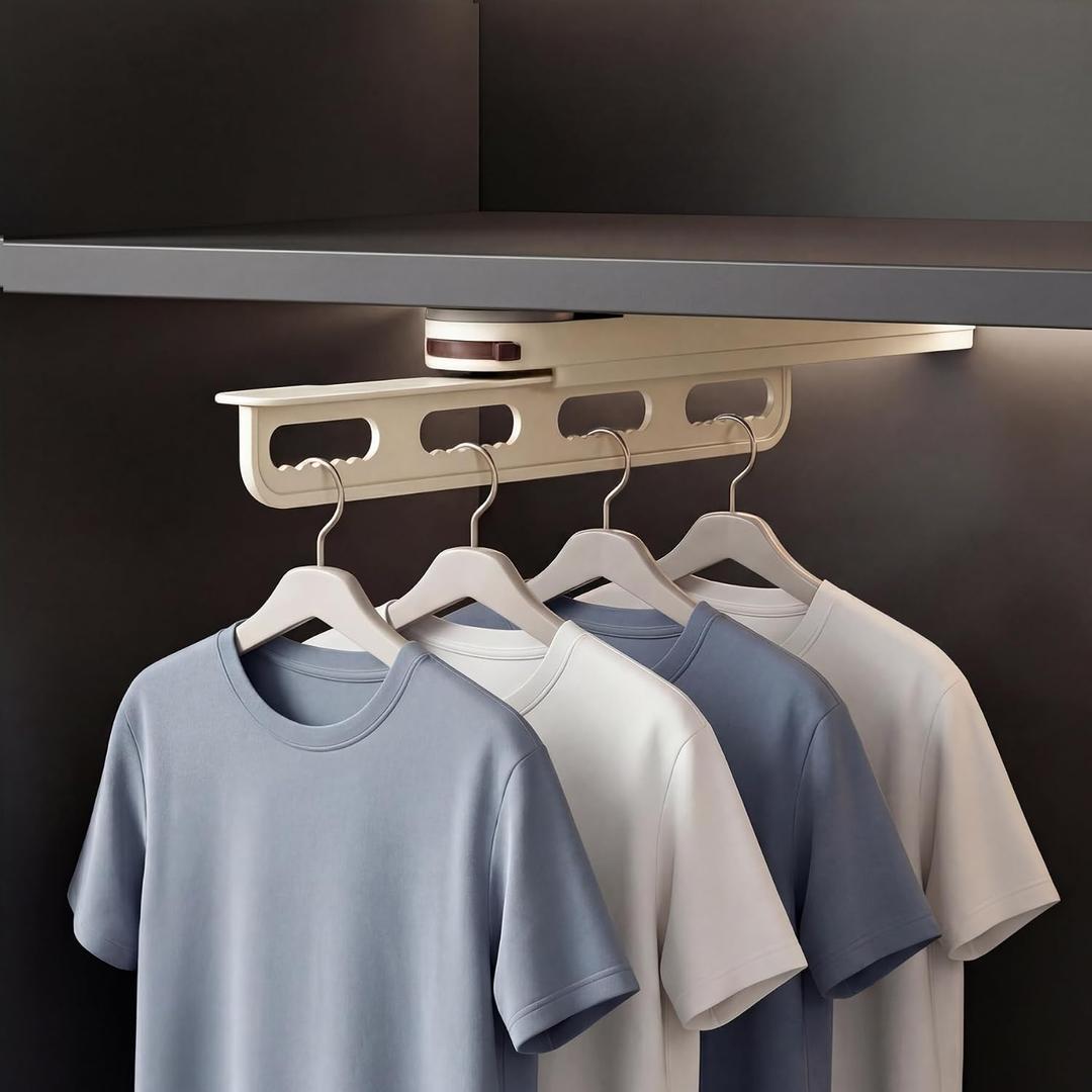 Pull Out Hanger Rod For Closet, No Drilling Suction Rod, Beige | 14 Inch Extendable Closet Hanger Organizer, Suction Cup Valet Rod for Closet, Sliding Wardrobe Clothing Rail