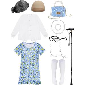 Luces 100 Days of School Costume for Kids, Old Lady Dress Up for Girls, 100th Day School Granny Wig Accessories Outfit 8-10 yr