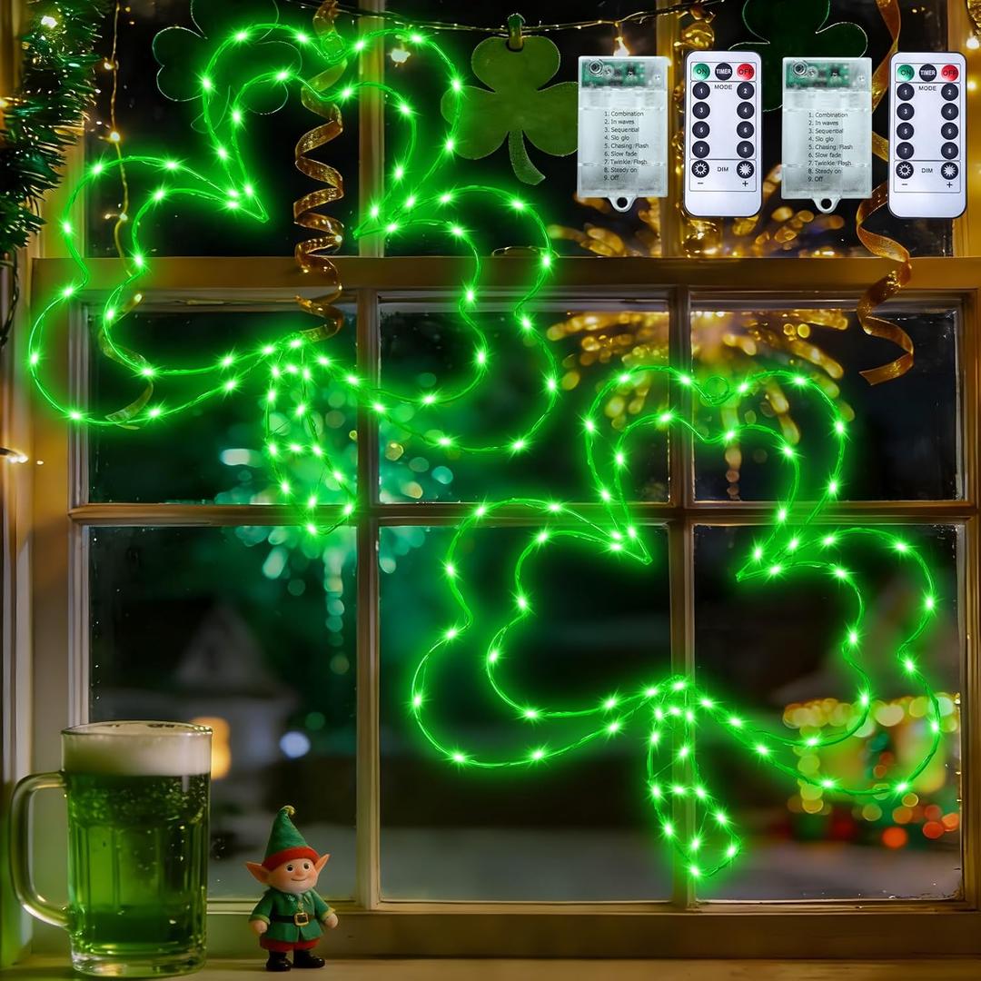 2 Pack St. Patrick's Day Window Lights, 13" 8 Modes Double Shamrock Window Lights, 65 LED Battery Powered Clover Lights with Remote, Timer, Lighted St. Patrick's Day Decoration for Window Home Wall (Green)