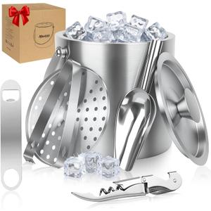 Ice Buckets for Parties 3L (101 fl oz) - 6PC Stainless Steel Ice Bucket with Lid, Scoop, Tongs & Beer Wine Opener – Double-Wall Insulated Bar Ice Bucket for Cocktail Bar & Outdoor Events (EXP 02/01/26)
