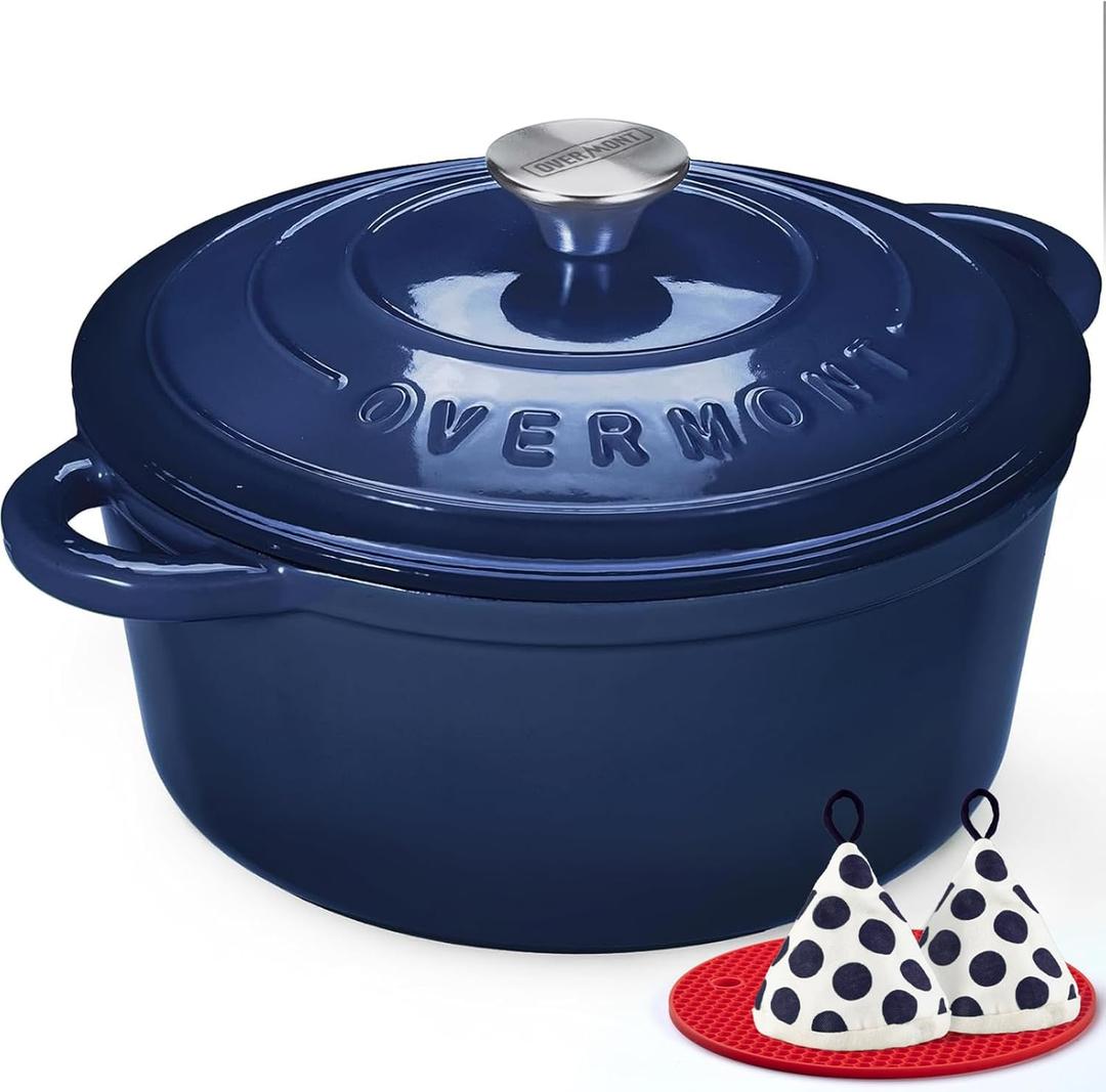 Overmont Enameled Cast Iron Dutch Oven - 5.5QT Pot with Lid Cookbook & Cotton Potholders - Heavy-Duty Cookware for Braising, Stews, Roasting, Sourdough Baking Indigo Blue