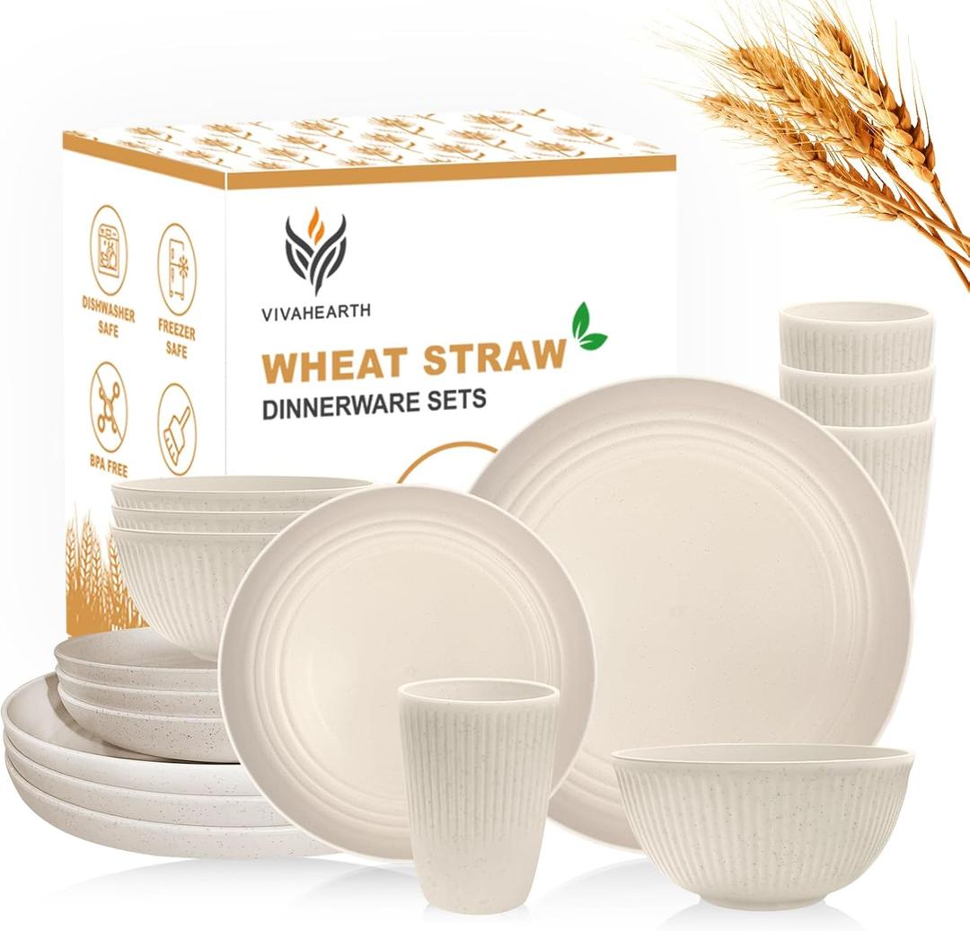 Wheat Straw Dishes Set for 4, Dinnerware Sets 16 piece, Unbreakable Plates, Bowls, Cups Sets for Kitchen Parties Camping RV - Beige