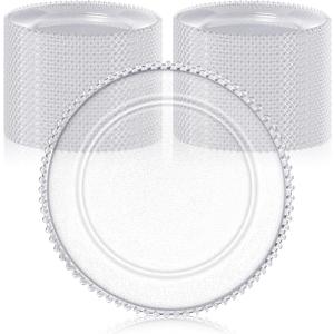 Hoolerry 50 Pack Clear Charger Plates Bulk 13 Inch Plastic Round Beaded Dinner Chargers Acrylic Frosted Grain Decorative Service Plates for Wedding Party Event, Home and Kitchen Tabletop (Transparent), approx. 13 inch