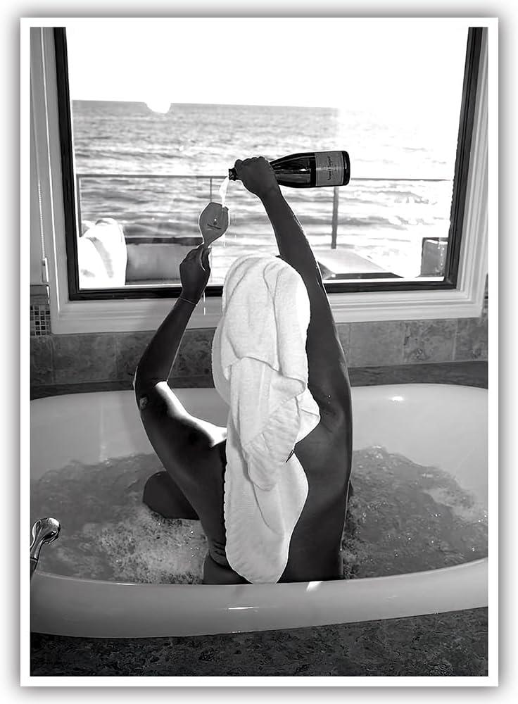 Trendy Black and White Posters Funny Woman Drinking Wine in Bathtub Wall Art Funky Girl Room Decor Fashion Vintage Bar Cart Canvas Prints for Girls Dorm Bathroom Apartment Aesthetic 16x24in Unframed