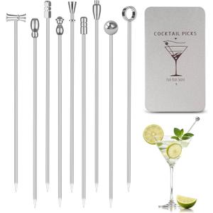 Metal Martini Cocktail Picks 9 Pcs, 4.1 in Olive Skewers Stainless Steel, Martini Garnish Sticks Reusable, Metal Toothpicks for Drinks, Appetizers, Bar Accessories Gift for Bartenders - Sliver