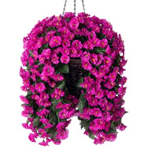 Artificial Fake Hanging Flowers Plants Baskets for Outdoor Outside Decoration, Faux Silk UV Resistant Realistic Fuchsia Morning Glory Planter for Home Porch Patio Balcony Garden Yard