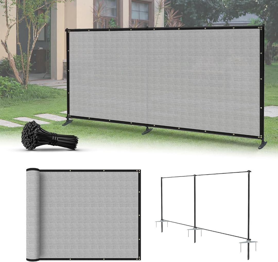 5' x 12' Privacy Fence Kit Freestanding Mesh Screen with Iron Poles Temporary Fencing Outdoor Patio Backyard Divider Dog Air Conditioner Trash Fence Gray