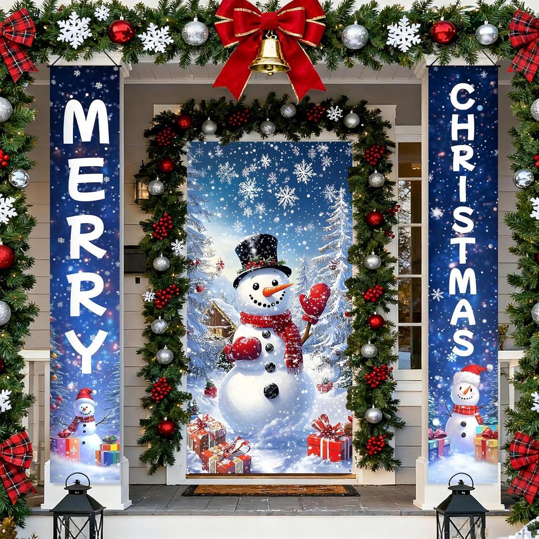 3pcs Christmas Door Cover Porch Signs Christmas Front Door Decorations Merry Christmas Door Banner Xmas Tree Backdrop for Winter Holiday Party Indoor Outdoor Decor Supplies, Blue - Snowman