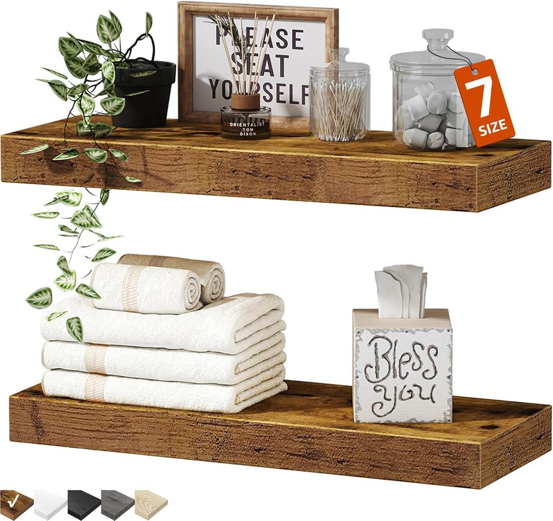 QEEIG Bathroom Floating Shelves for Wall Mounted Shelf Over Toilet Farmhouse Home Decor Display Shelving Small 16 inch Set of 2, Rustic Brown (008-40BN) (15.7")