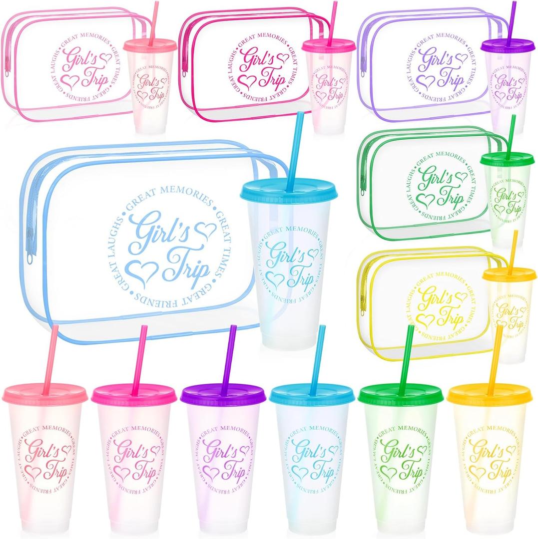 12 Pcs Girls Trip Gifts Favors for Women 6 Girls Trip Makeup Bags 6 Cups with Lids and Straws 24oz Plastic Tumbler Best Friendship Weekend Gift for Friend Bestie Sister Bachelorette Vacation