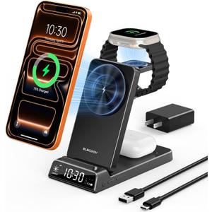 3 in 1 Charging Station for Apple, ELECDOV Magnetic Charger for iPhone, Foldable Wireless Charger with Clock, Travel Watch Charger Stand for iPhone 17/Air/16/15 Series, iWatch 10/AirPods 4 (Black)