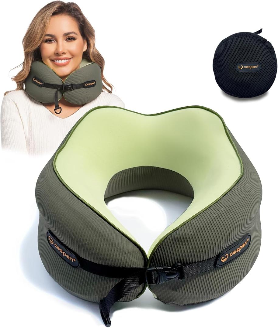 Cesperi Travel Neck Pillow for Airplanes, Ergonomic Design, Airplane Neck Pillow with Memory Foam, Travel Essentials for Flights, Car Rides, and Home Rest, Adjustable Strap, L Sizes (Avocado Green)