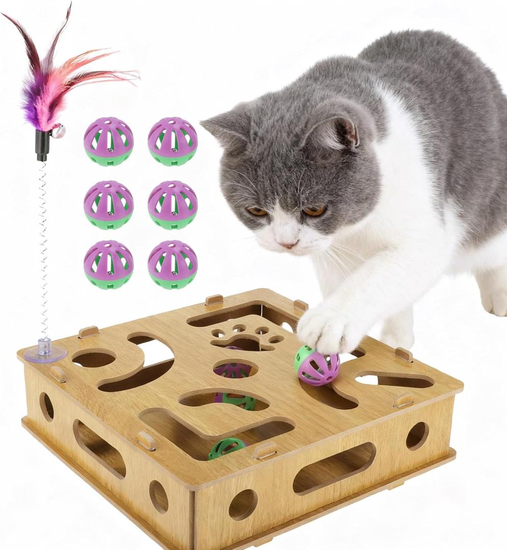 Cat Toys for Indoor Cats, Interactive Wooden Puzzle Toy Box, Stimulate Hunting Drives and Reduce Boredom, Wood Color