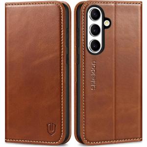 SHIELDON Case for Galaxy S25+ 6.7" 2025, Genuine Leather Flip Wallet Book Case Magnetic RFID Blocking Credit Card Holder Kickstand Shockproof Cover Compatible with Galaxy S25 Plus - Retro Brown