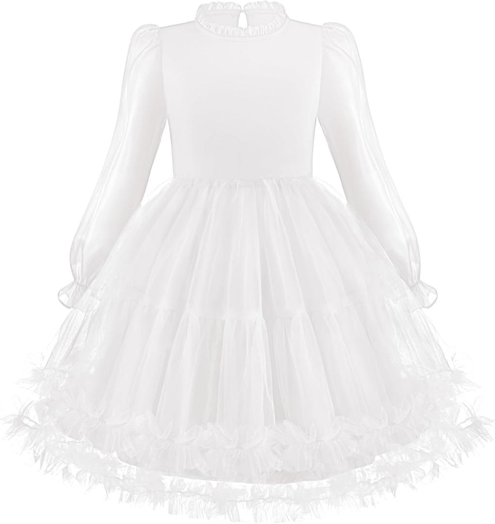 Arshiner Toddler Dresses Ruffle Neck Puff Sleeve Kids Clothes Cute Girls White Wedding Guest Dress 4-5Y