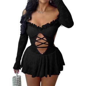 Ksotutm Lace Sexy Jumpsuits for Women Long Sleeve Off the Shoulder Romper Backless One Piece Jumpsuit (Small, Black)