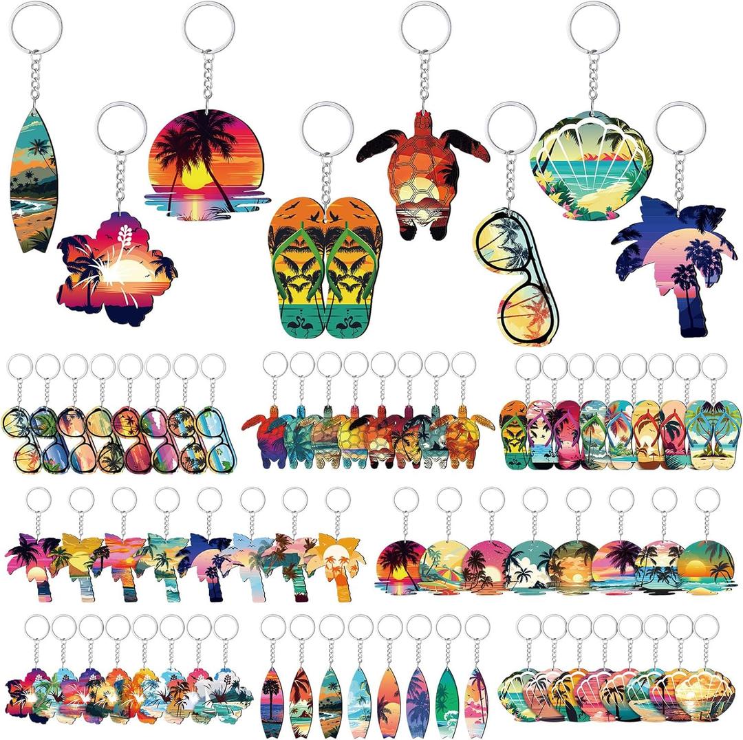 64 Pcs Summer Beach Favors Keychain Gifts Set Wooden Sea Turtle Surfboard Flip Flop Flower Shell Glasses Keychains Bulk Luau Pool Key Chains for Summer Tropical Hawaiian Party Supplies