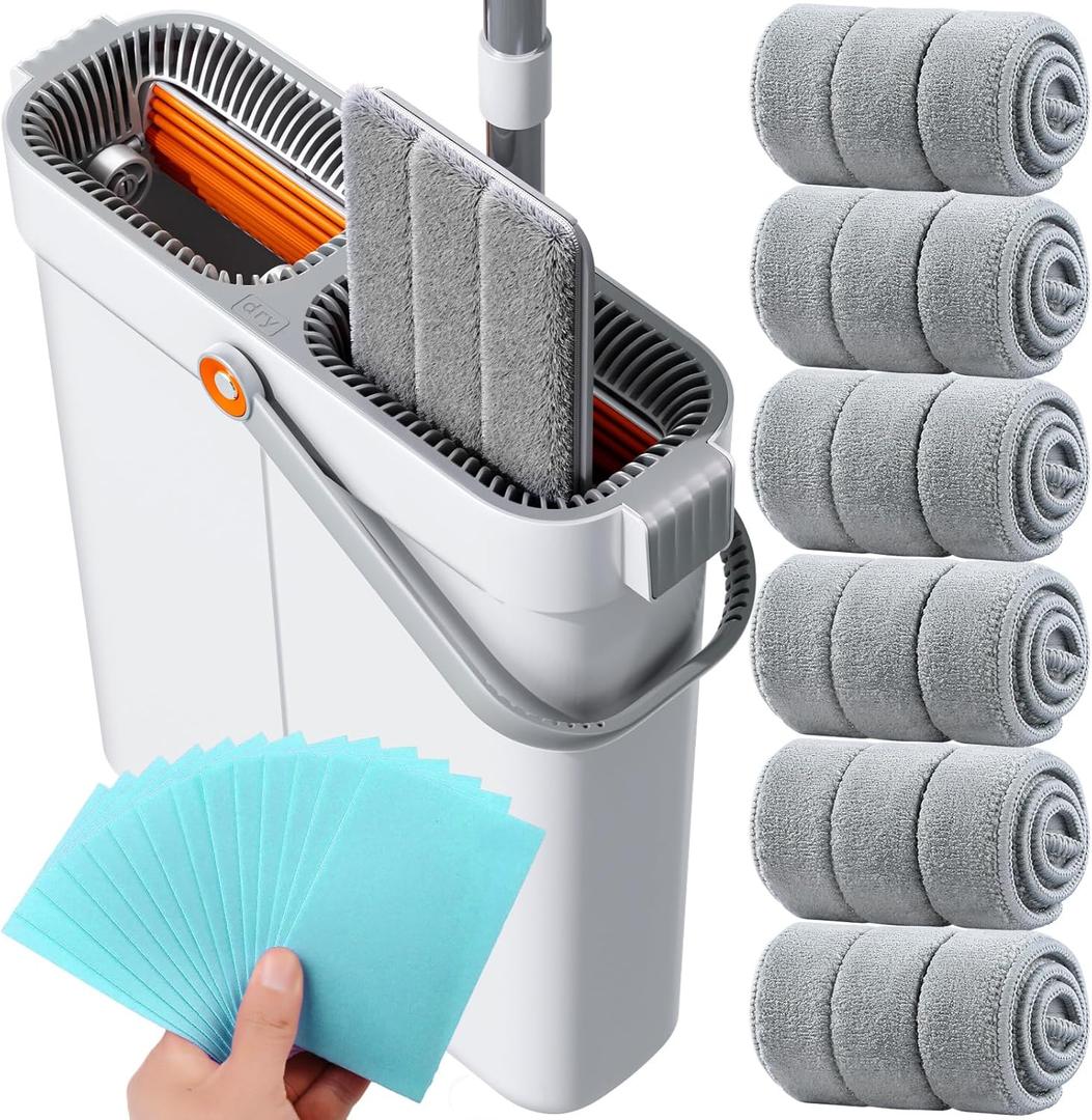 Flat Mop and Bucket System - Mop and Bucket with Wringer Set for Home | Wet Dry Mop for Apartment, Tiny Home, Windows, Wall, Hardwood Floor, RV with 6 Reusable Microfiber Cloth