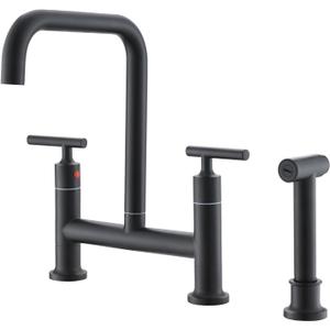 Kitchen Bridge Faucet with Side Sprayer, 2 Handles 3 Holes Brass Kitchen Faucet 8 inch Deck Mount Kitchen Sink Faucet, Matte Black (CP026B)