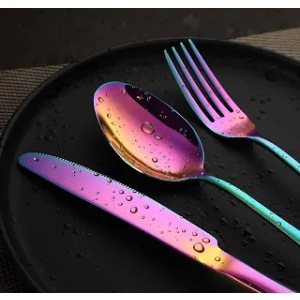 Buyer Star Matt Rainbow Silverware Set Plate Set for 4 Stainless Steel Flatware Salad Plates Kitchen Accessories Iridescent Utensils Dish Knives Forks Spoons Cutlery Set, Dishwasher Safe, Colorful