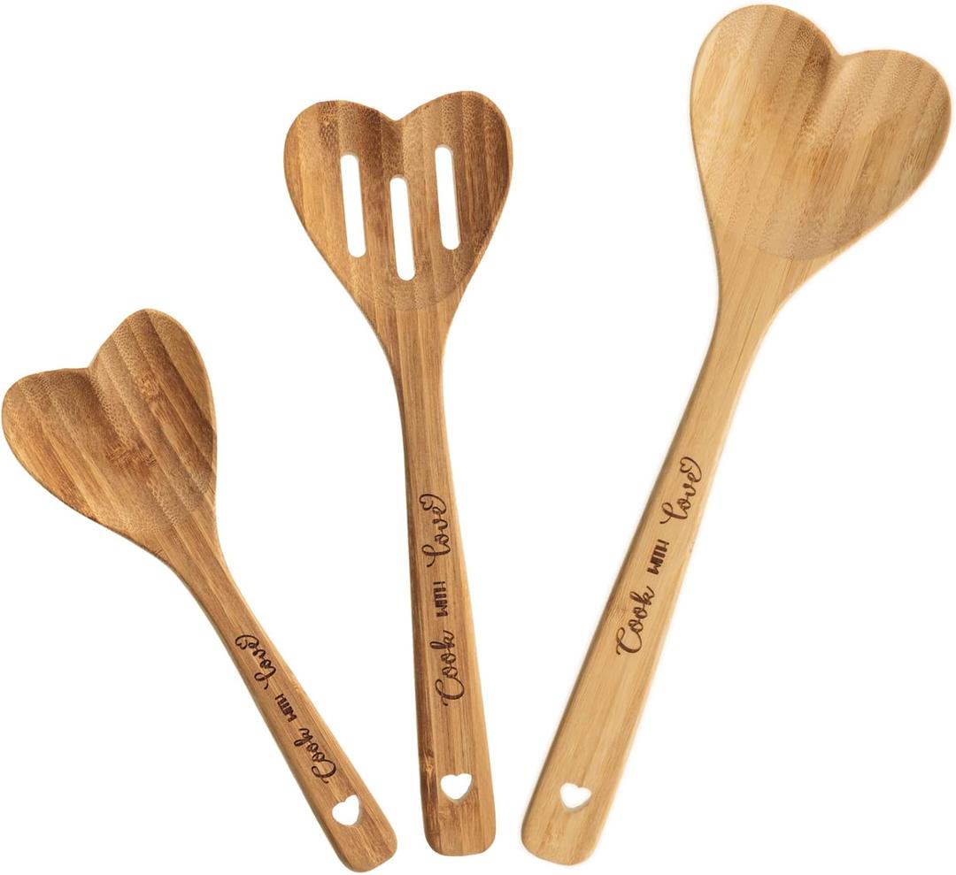3 Pcs Wooden Heart Shaped Spoons Bamboo Kitchenware Engraved Bamboo Spoons for Kitchen Gifts Serving Stirring Baking Mom Wife Weddings Kitchen Hostess Valentine