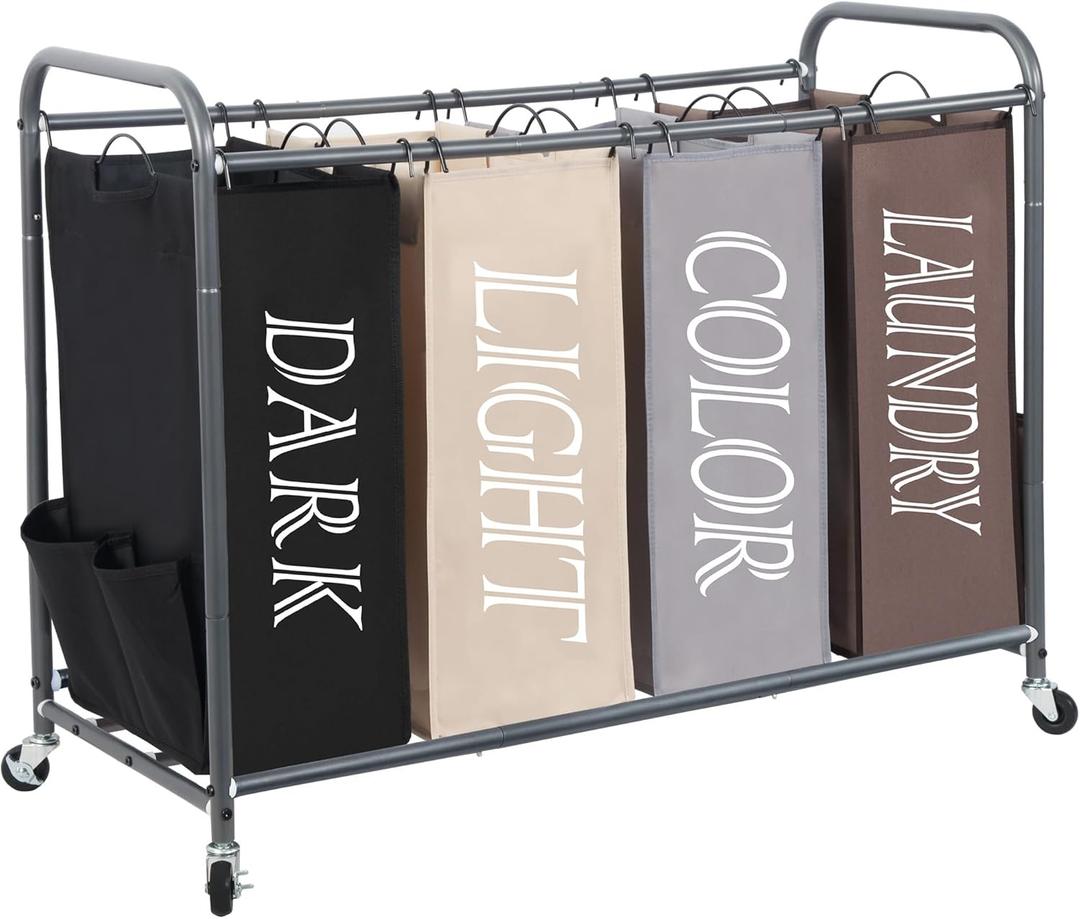 STORAGE MANIAC Laundry Sorter 4 Section, 47.8 Gal (181 L) Laundry Hamper with Wheels, Clothes Divider Basket Sorter, Clothes Separator Hamper Cart with Wheels and Removable Bags, Multicolored